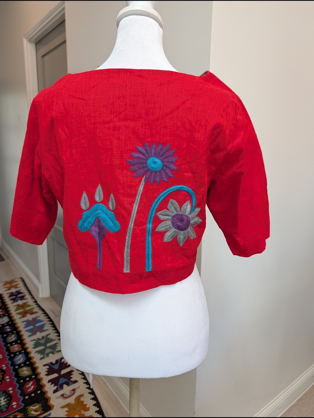 Handmade, linen Red Embroidered Cropped Women's Medium Top